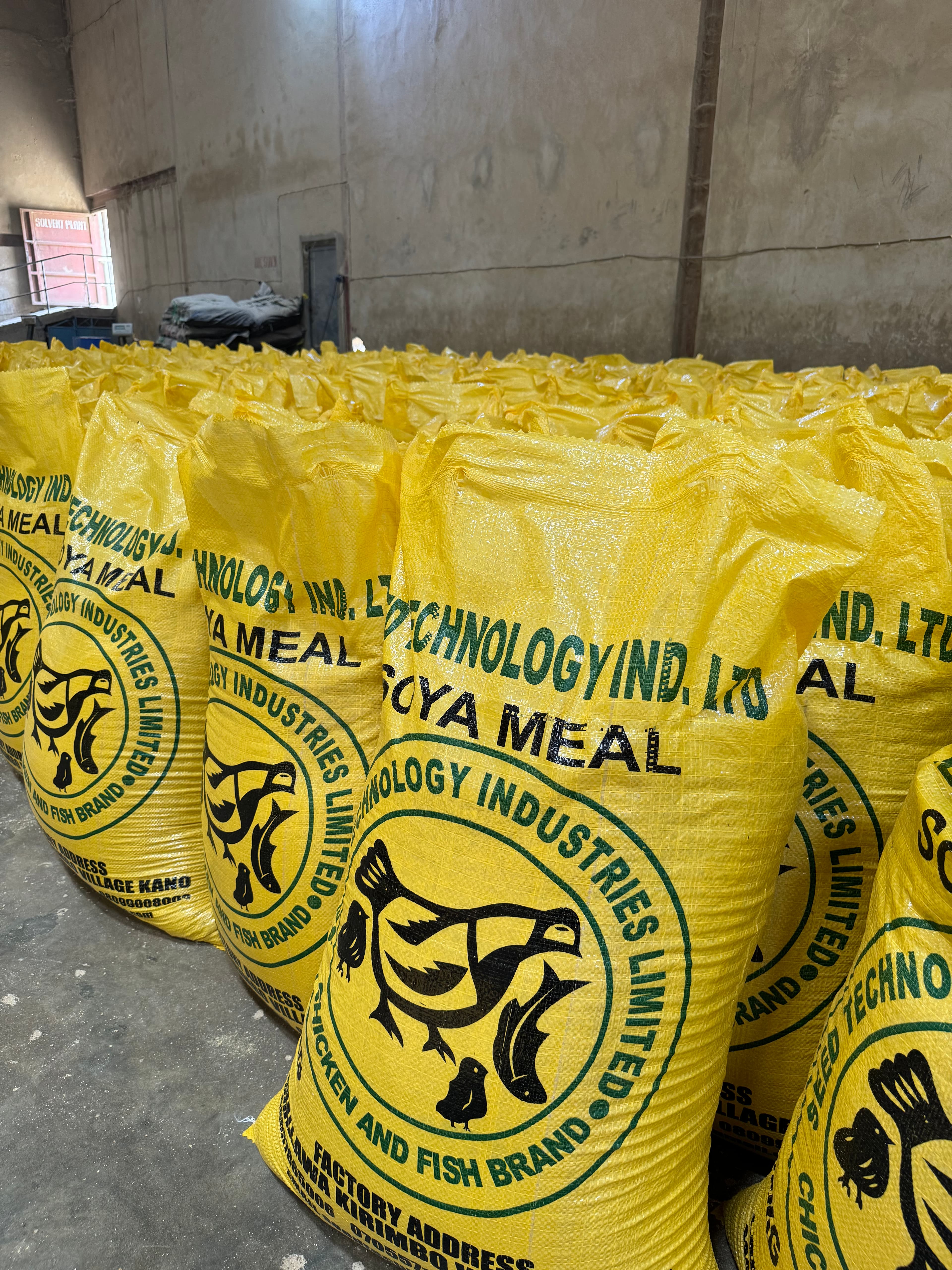 Warehouse filled with Seed Technology soya meal sacks